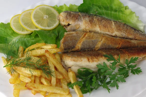 Gebackener Seehecht Mit Chips Und Zitrone — Stockfoto