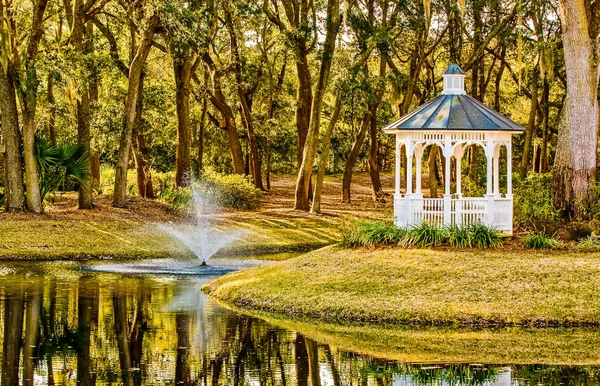 Mirador Junto Pequeño Lago Bajo Robles — Foto de Stock