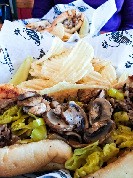 Mushrooms and Peppers on Cheese Steak — Stock Photo, Image