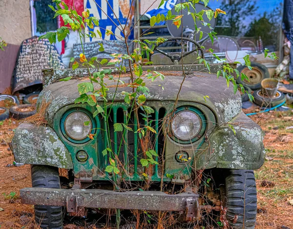 Gammal Jeep överväxt med ogräs — Stockfoto
