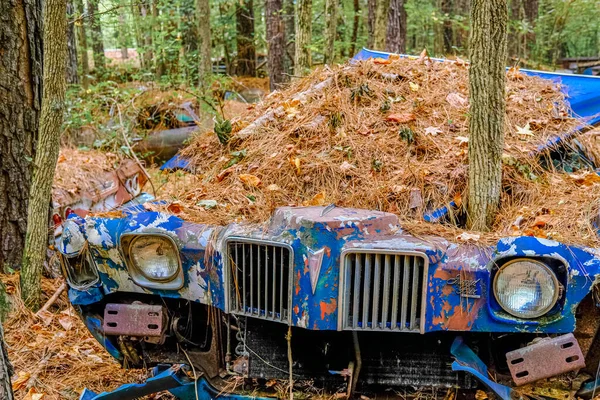 Starý modrý Pontiac pokrytý slámou — Stock fotografie
