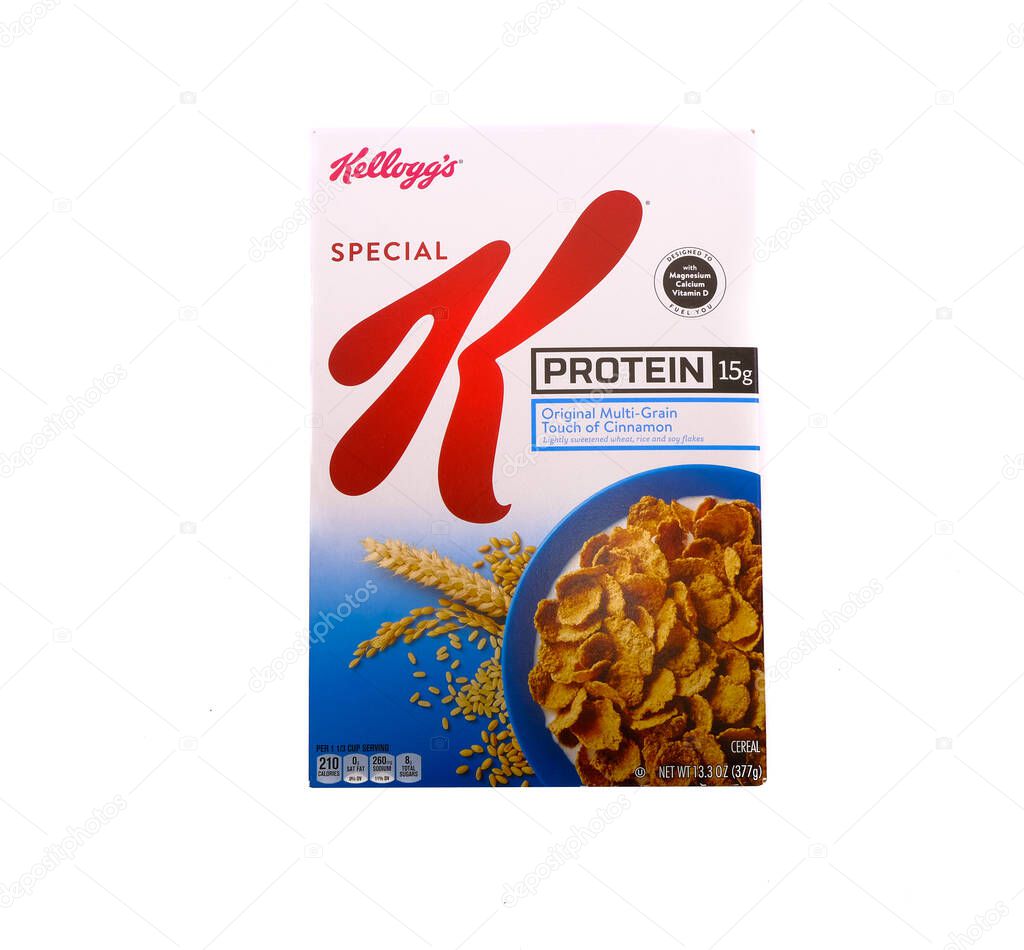 A box of Special K Cereal with Protein isolated on white for illustrative editorial