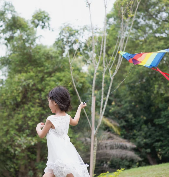 Asian Family Outdoors Activity Little Girl Running Flying Kite Park — Stock Photo, Image