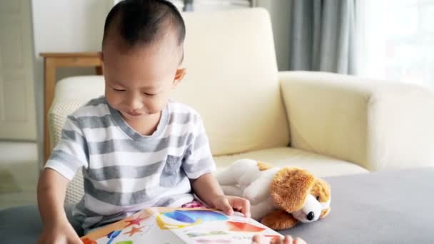 Two Three Years Old Child Reading Book Sofa Daytime Living — Stock Video