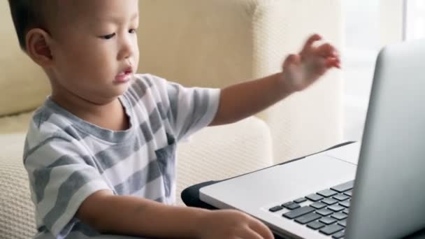 Niño Dos Tres Años Jugando Con Computadora Portátil Casa — Vídeos de Stock