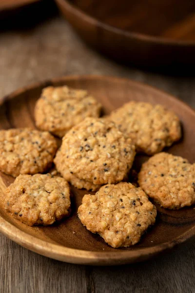 Vegan Oatmeal Chiaseeds Cookies Plate Natural Light — Stock Photo, Image