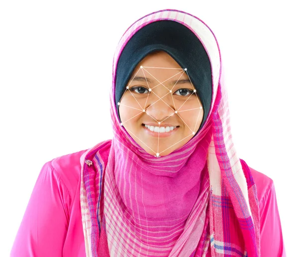 Conceito Sistema Reconhecimento Facial Mulher Muçulmana Rosto Digitalização — Fotografia de Stock