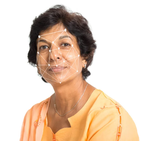 Biometrisk Verifiering Människans Ansiktsupptäckt Högteknologi Indiska Kvinna Ansikte Skanning — Stockfoto