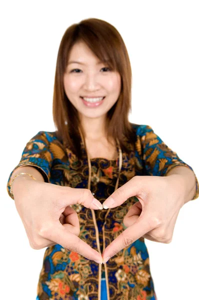 Southeast Asian Girl Wearing Batik Kebaya Hand Forming Heart Shape — Stock Photo, Image