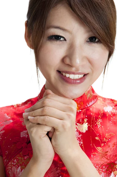 Oriental Girl Giving Greeting Chinese New Year — Stock Photo, Image