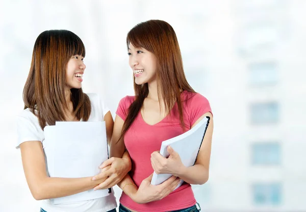 Dois Estudantes Asiáticos Felizes Com Livros Falando Campus Escola Imagem De Stock