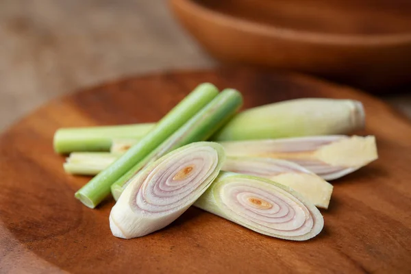 Fresh Green Lemongrass Slices Wooden Background — Stock Photo, Image