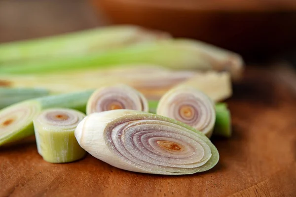 Fresh Green Lemongrass Slices Wooden Background — Stock Photo, Image