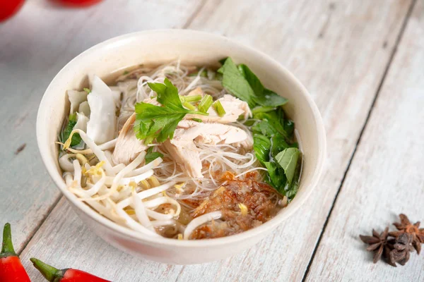 Asian Rice Noodles Soup Vegetables Chicken Bowl Wooden Background — Stock Photo, Image