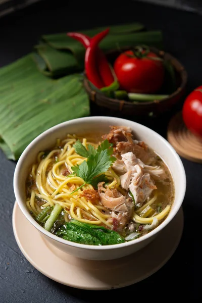 Asian Soup Noodles Chicken Bowl Dark Background — Stock Photo, Image