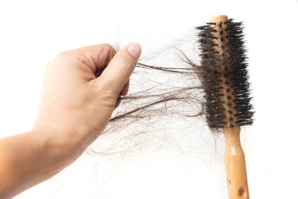 Afferrare a mano i capelli persi sulla spazzola — Foto Stock