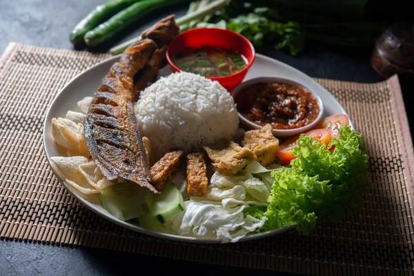 Nasi ikan lele goreng dengan sambal — Stok Foto