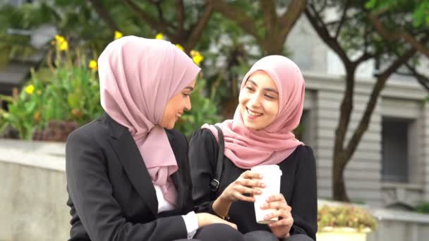 Muslim Business Women Telling Joke Laugh Lunch Break — Stock Video