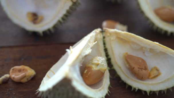 Restes Durian Coquilles Graines Sur Table — Video