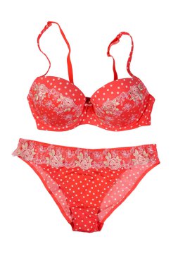 Kırmızı kadın iç çamaşırı seti. Beyaz arka plan üzerinde izole