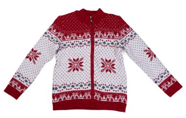 Desenli çocuk örme kazak. Beyaz arka plan üzerinde izole