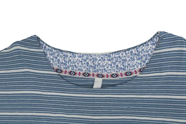 Feche Camiseta Feminina Azul Listrada Isolar Fundo Branco — Fotografia de Stock