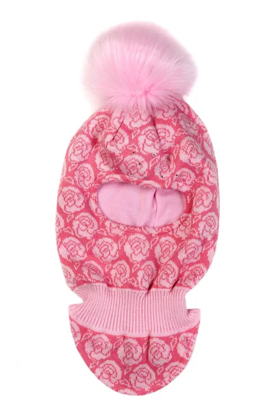 粉红色的婴儿帽与绒球 在白色背景上隔离 — 图库照片