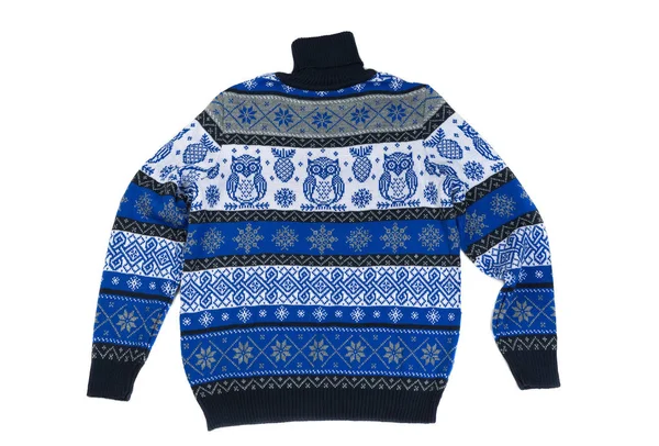 Niebieski Sweter Dzianiny Dla Dzieci Wzorem Izolowanie Białym Tle — Zdjęcie stockowe