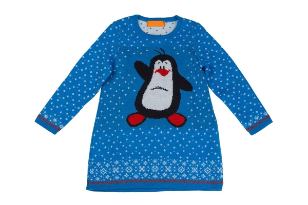 Vestito Lavorato Maglia Bambini Con Pinguino Isolato Sfondo Bianco — Foto Stock