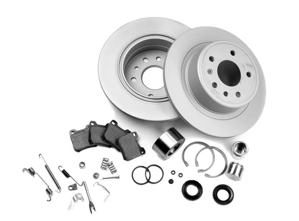 Тормозные Диски Пружины Тормозные Колодки Поршни Изолировать Белом Фоне — стоковое фото