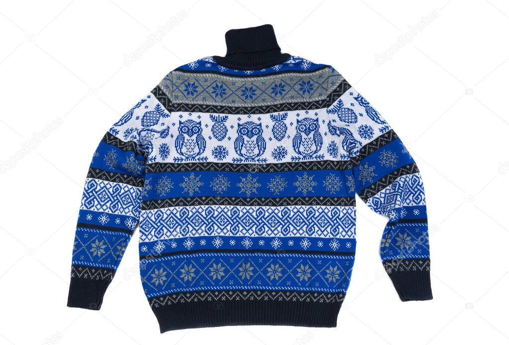 Blue Children's knitted sweater with a pattern. Isolate on white background