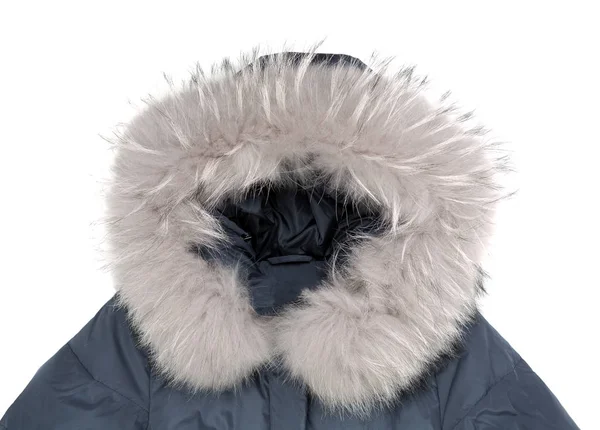 Közelről Kék Téli Női Szőrme Galléros Kabát Elkülöníteni Fehér Háttér — Stock Fotó