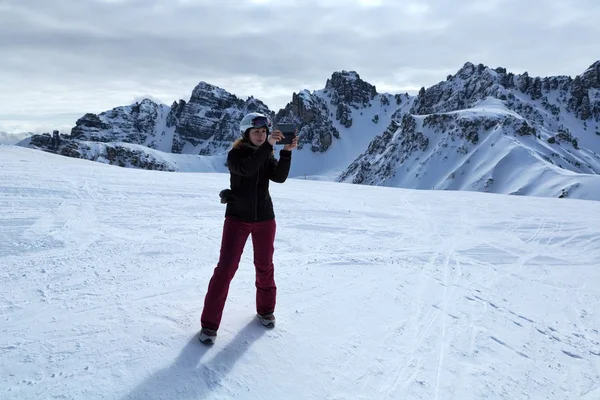 Snowboarder Girl Shoots Landscape Alps Austria — Stock Photo, Image