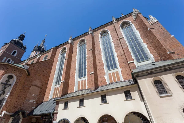 Side Mary Basilica Main Square Krakow Poland Huge Windows Stained — Stock Photo, Image