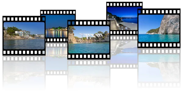 空のコピー スペースと反射で白い背景上のフィルム ストリップ フレームで休暇の思い出写真 — ストック写真