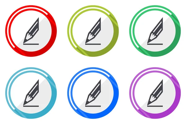 Ołówek Web Wektor Ikony Zestaw Kolorowy Płaski Okrągły Projekt Można — Wektor stockowy