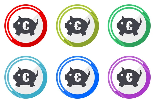 Sparschwein Web Vektor Symbole Set Von Bunten Flachen Runden Design — Stockvektor