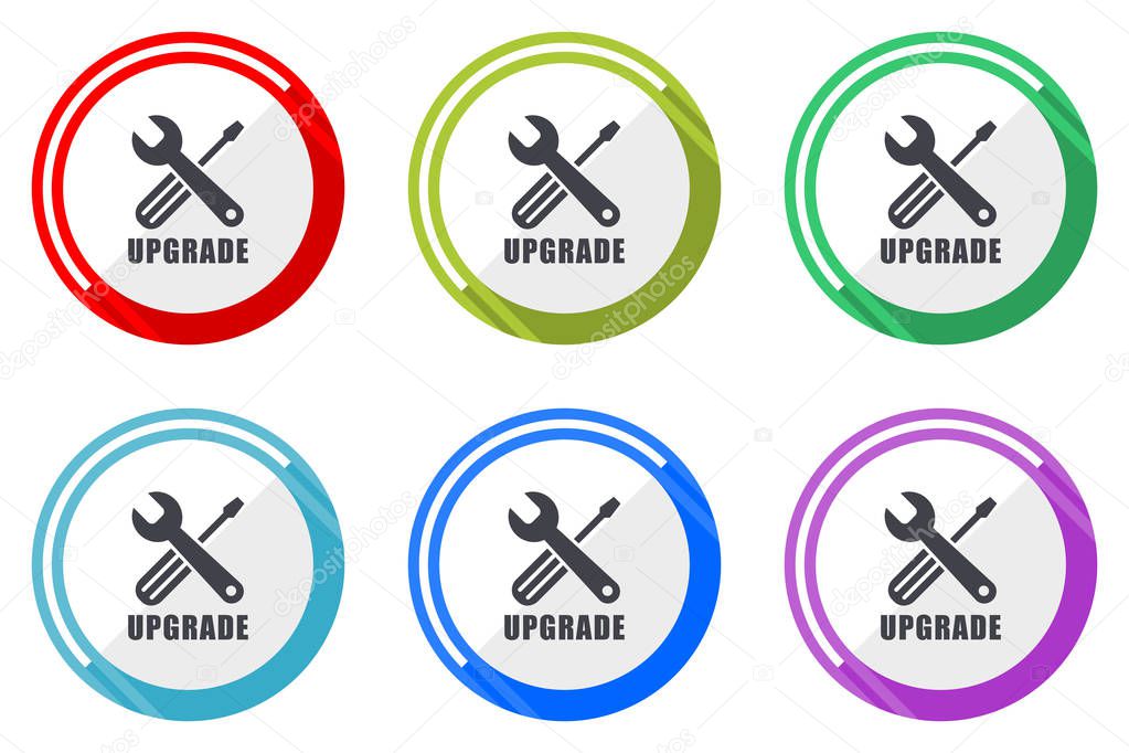 Upgrade editable flat vector icons collection, round circle web buttons, set of colorful computer and smartphone application signs easy to edit