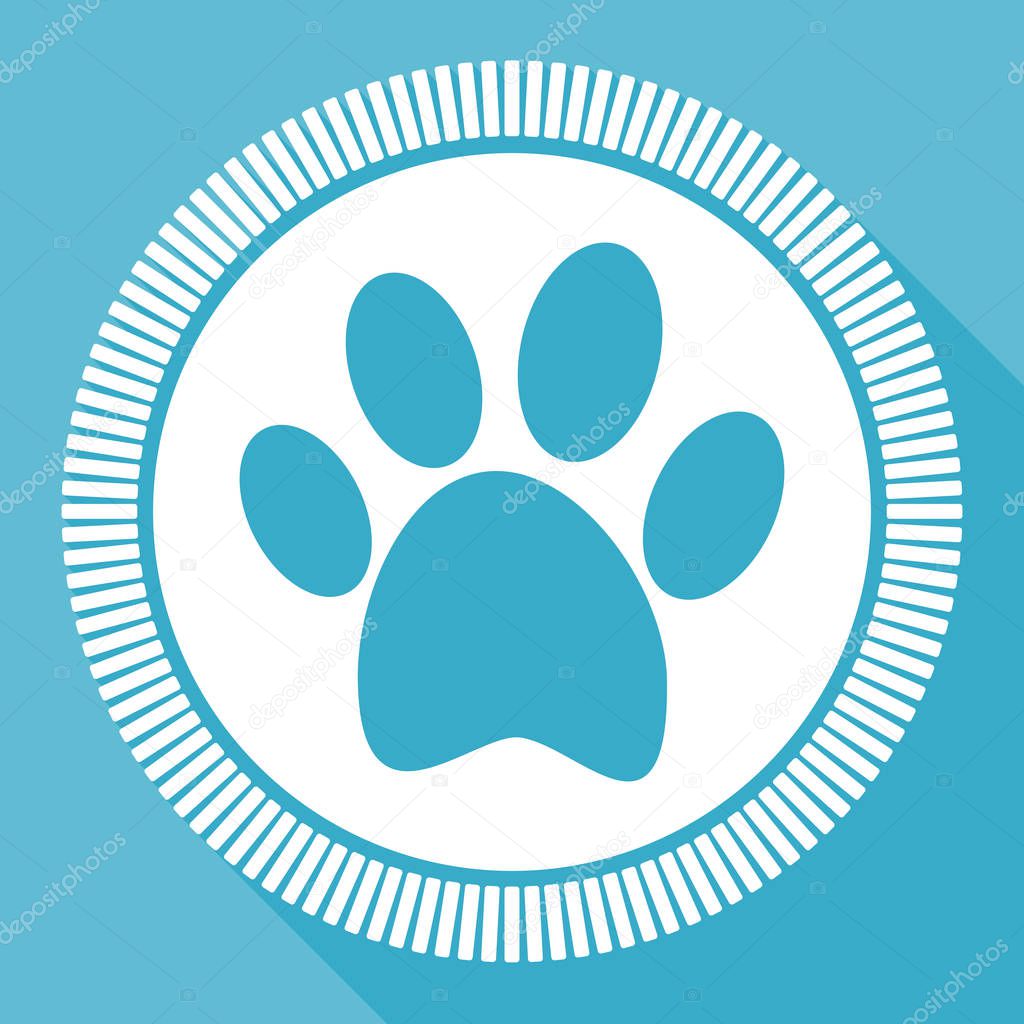 Foot flat vector icon, animal footprint square blue web button