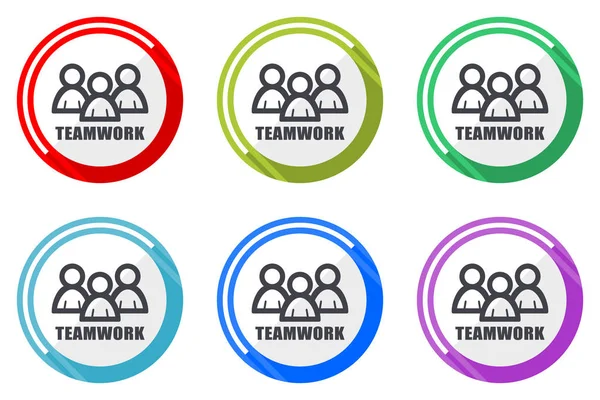 Teamwork Flache Vektor Web Icon Set Bunte Runde Internet Tasten — Stockvektor