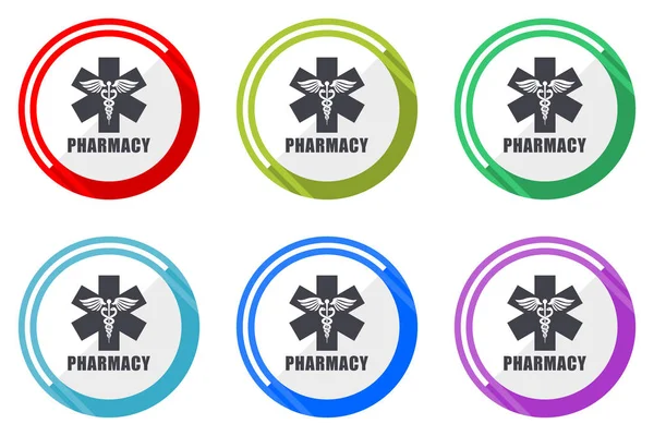 Farmacia Piatto Vettoriale Web Icon Set Colorato Rotondo Internet Pulsanti — Vettoriale Stock