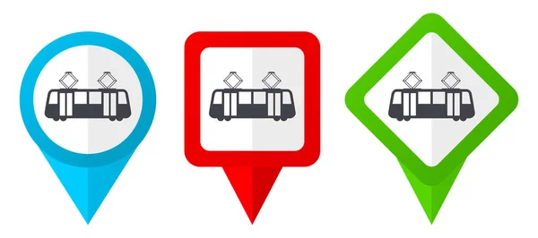 Трамвай Червоний Синій Зелений Вектор Вказує Піктограми Набір Барвистих Місць — стоковий вектор