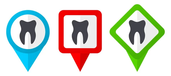 Ząb Wektor Czerwone Niebieskie Zielone Ikony Wskaźników Zestaw Markerów Lokalizacji — Wektor stockowy