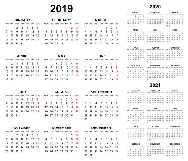 Eenvoudige Bewerkbare Vector Kalenders Voor Het Jaar 2019 2020 2021 — Stockvector
