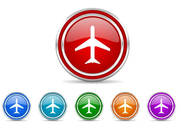 Plane Silver Metallic Colorful Vector Web Mobile Phone Icon Set — Stock Vector