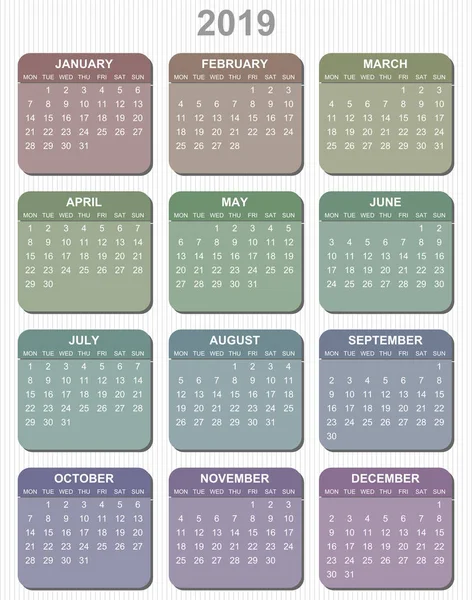 Colorful Pastel Simple Editable Vector Calendar Year 2019 Mondays First — Stock Vector