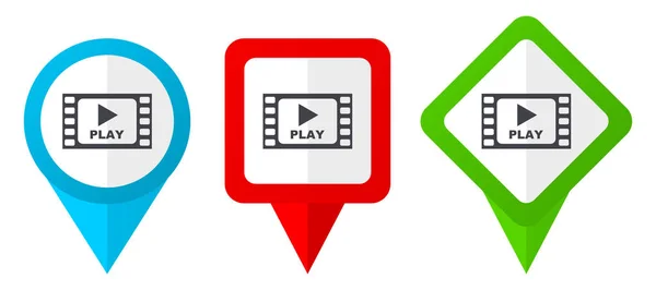 Speel video rode, blauwe en groene vector aanwijzers pictogrammen. Reeks van kleurrijke locatie markers geïsoleerd op een witte achtergrond gemakkelijk te bewerken. — Stockvector