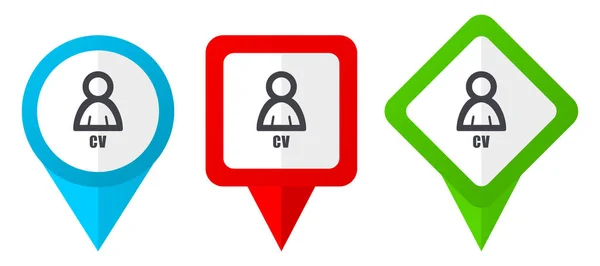 Cv rosso, blu e verde puntatori vettoriali icons.Set di indicatori di posizione colorati isolati su sfondo bianco facile da modificare . — Vettoriale Stock