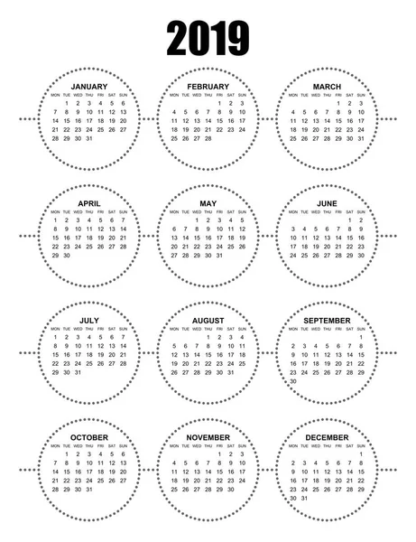 Simple Editable Vector Calendar Year 2019 Mondays First — Stock Vector