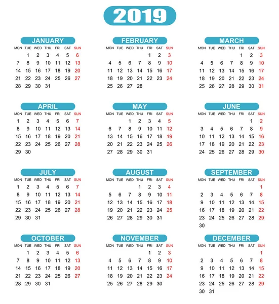 Eenvoudige Bewerkbare Vector Kalender Voor Het Jaar 2019 Maandag First — Stockvector